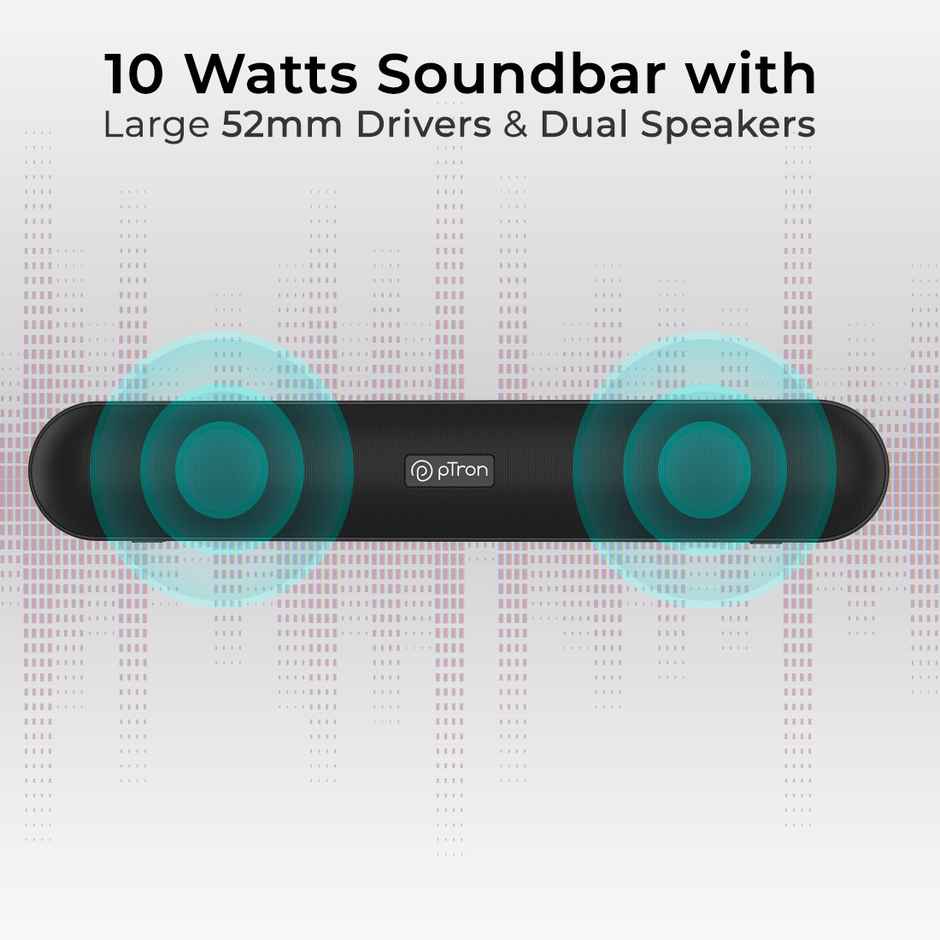 pTron Fusion Evo V2 10W Bluetooth Soundbar Speaker, Immersive Sound, 10Hrs Playtime, Mini Soundbar for Phone/TV/Laptop/Tablets/Projectors, Multi Play Modes BT v5.0/Aux/TF Card/USB Drive - Steel Grey