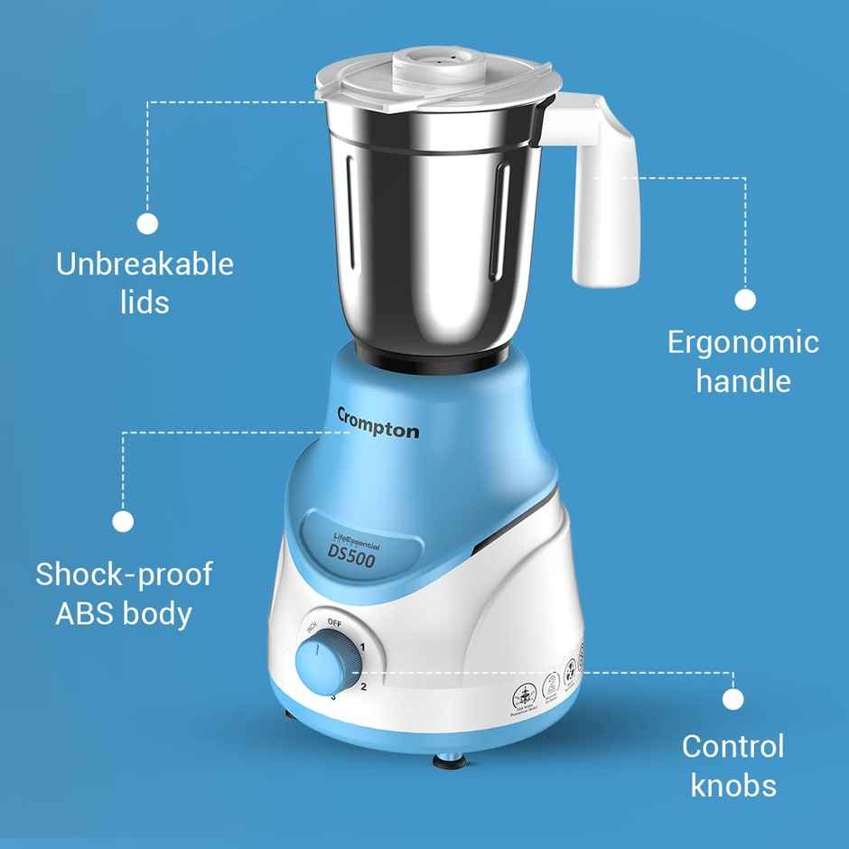 Crompton Ds 500W Mixer Grinder with Powertron Motor & Motor Vent-X Technology (3 Stainless Steel Jars, Sky Blue)