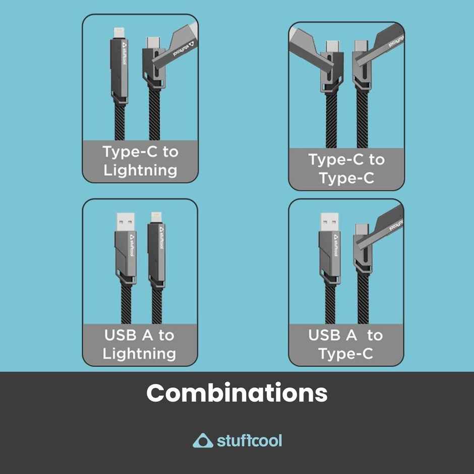 Stuffcool Quad Pro 4 in 1 Metal Flat Braided Indestructible Cable 1.5m 60W with lightning to type C, type C to C, Lighting to type A compatible for iPhones, iPads, Macbooks, Type C Laptops - Grey