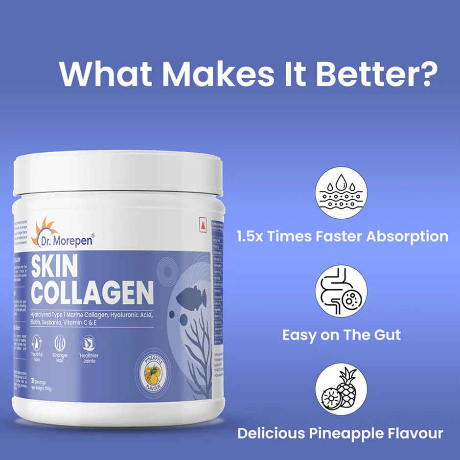 Dr. Morepen Skin Collagen Powder with Biotin, Viatmin C & E 31 Serving | Pineapple