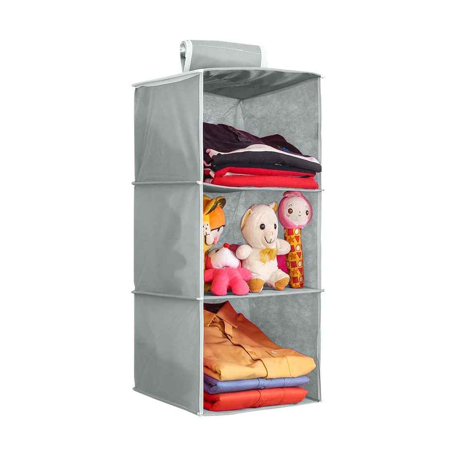 Prettykrafts 3 Tiers Clothes Hanging Organizer With Clear Windows And 1 Velcro Loop Grey