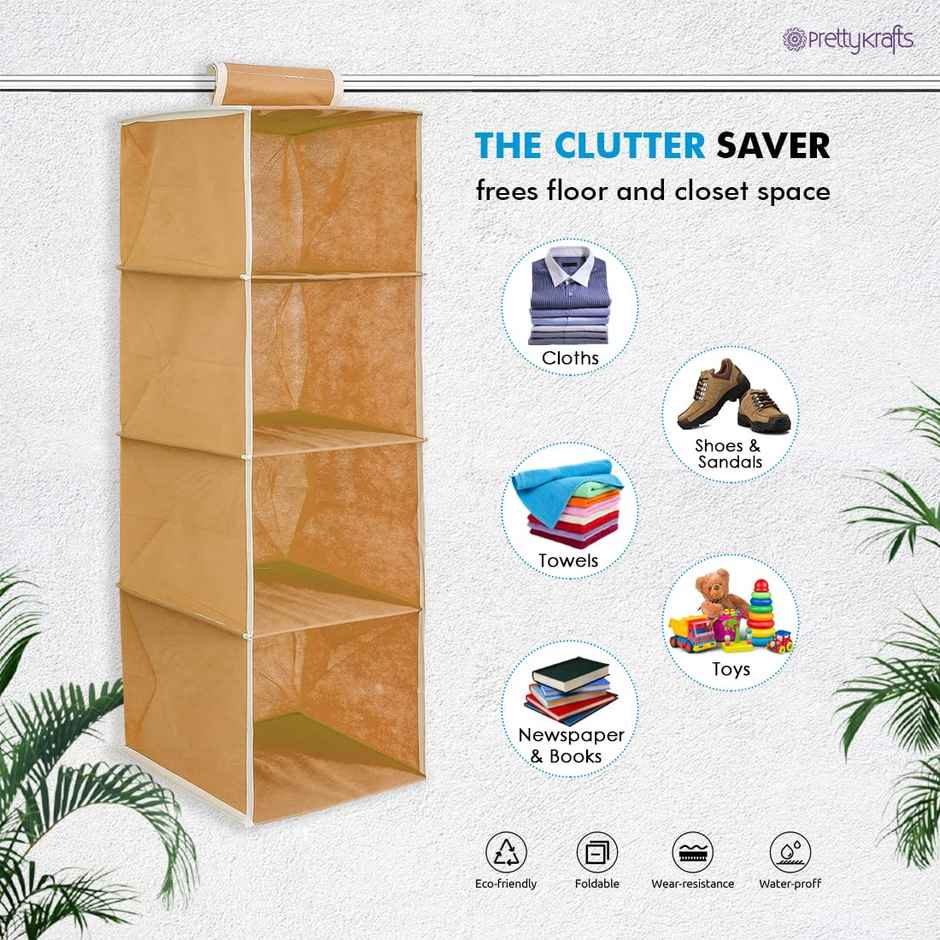 PrettyKrafts 4 Shelf Hanging Wardrobe Organizer - Beige Wall Hanging Cloth Storage Rack
