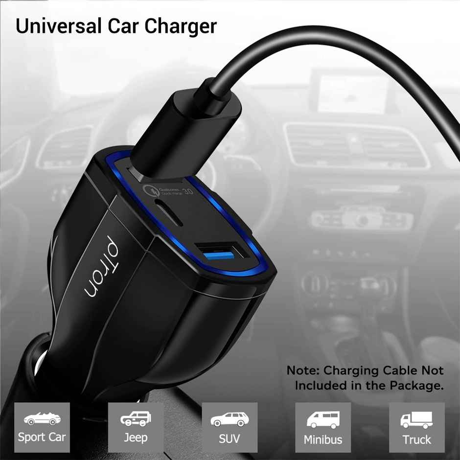 pTron Bullet Pro 36W Type-C/PD 3 Port Fast Car Charger Adapter, Compatible with All Smartphones, Tablets & Other USB Powered Devices - Black