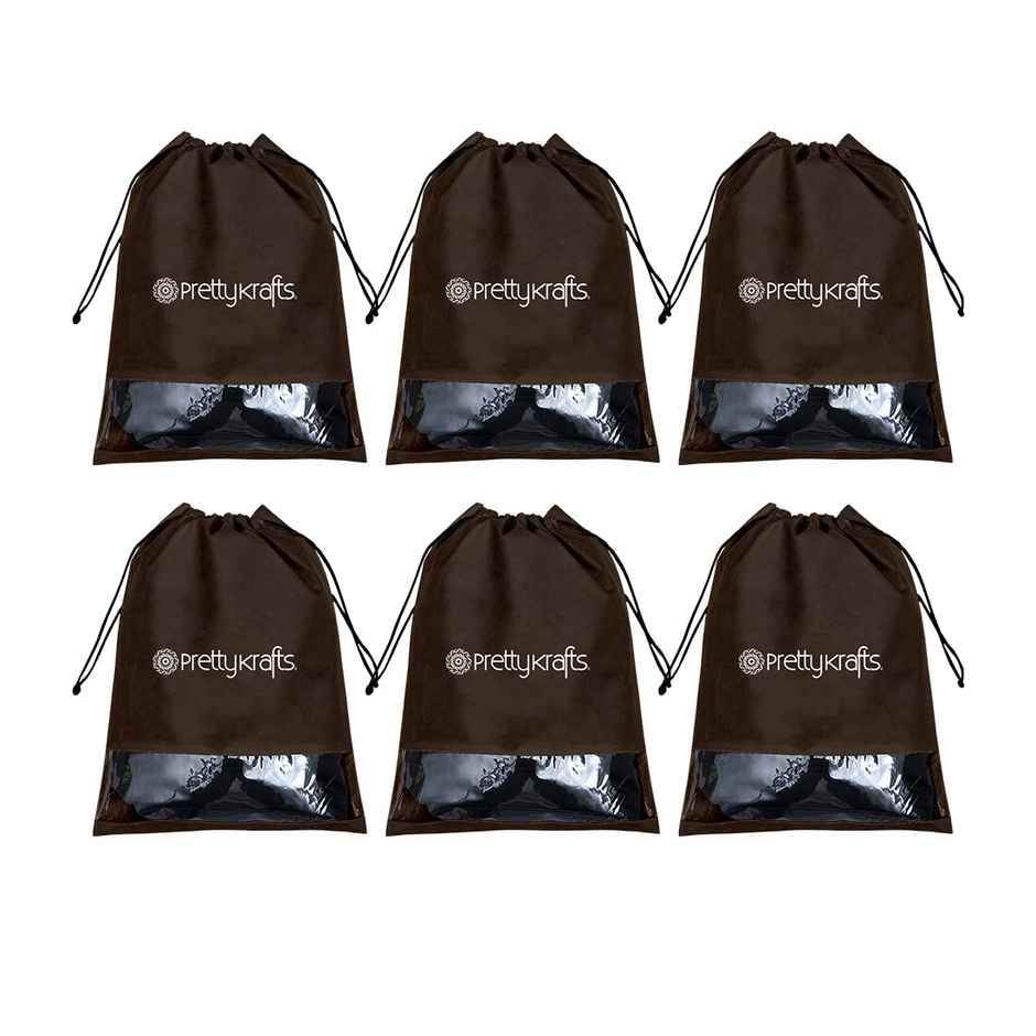 Prettykrafts 6 Piece Non Woven Travel Shoe Cover, String Bag Organizer, Brown