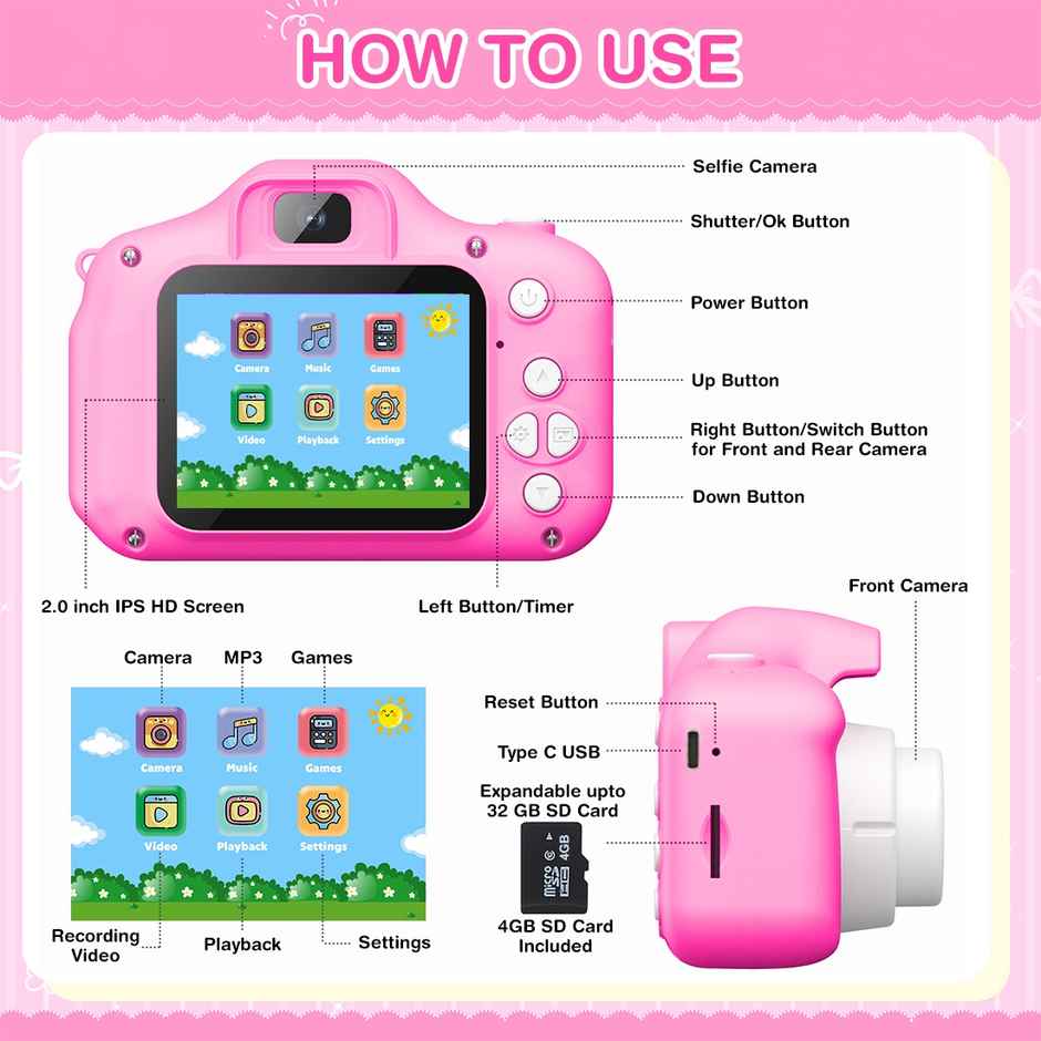 Wembley Kids Digital Camera | Unicorn Design | Selfie Camera with Video Recorder - Pink
