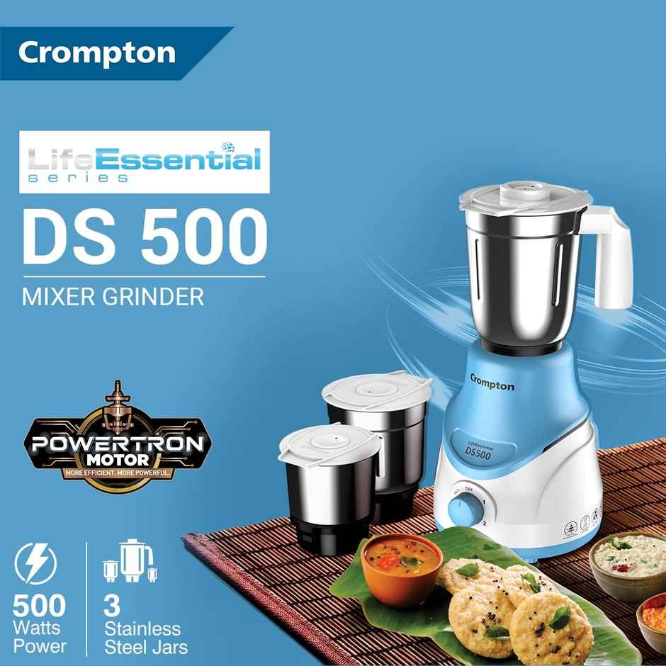 Crompton Ds 500W Mixer Grinder with Powertron Motor & Motor Vent-X Technology (3 Stainless Steel Jars, Sky Blue)