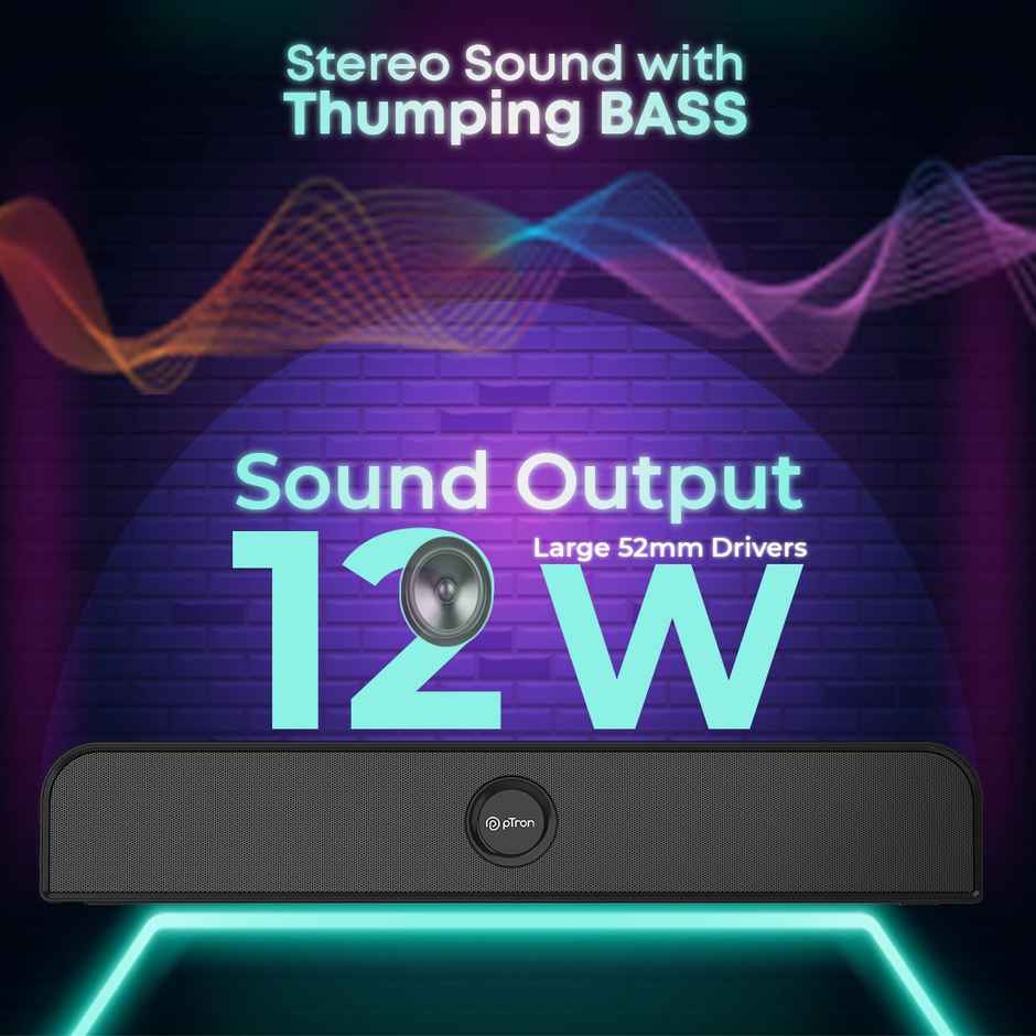 pTron Musicbot Evo 12W Bluetooth Soundbar Speaker 5.0, 10Hrs Playback, Stereo for Phone/TV/Laptop/Tablets/Projectors, Multi Modes Aux/TF Card/USB Drive & TWS Pairing - Black