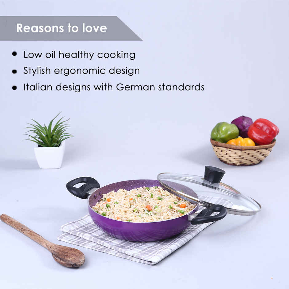 Wonderchef Tivoli Non-Stick Kadhai | 24 cm | 2 L | Glass Lid | Induction Compatible
