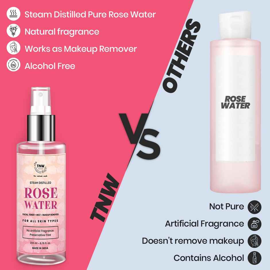TNW The Natural Wash 100% Steam Distilled Rose Water Face Toner Spray, Make Up Remover & Hydration