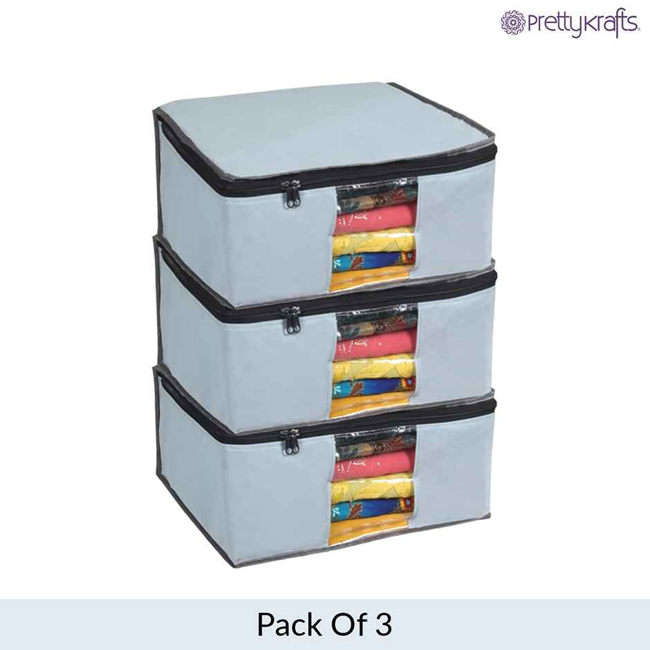 Prettykrafts Set Of 3 Non-Woven Foldable Saree Covers, Grey