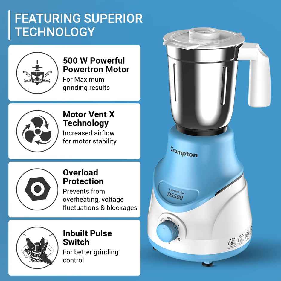 Crompton Ds 500W Mixer Grinder with Powertron Motor & Motor Vent-X Technology (3 Stainless Steel Jars, Sky Blue)