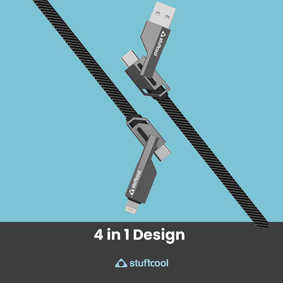 Stuffcool Quad Pro 4 in 1 Metal Flat Braided Indestructible Cable 1.5m 60W with lightning to type C, type C to C, Lighting to type A compatible for iPhones, iPads, Macbooks, Type C Laptops - Grey