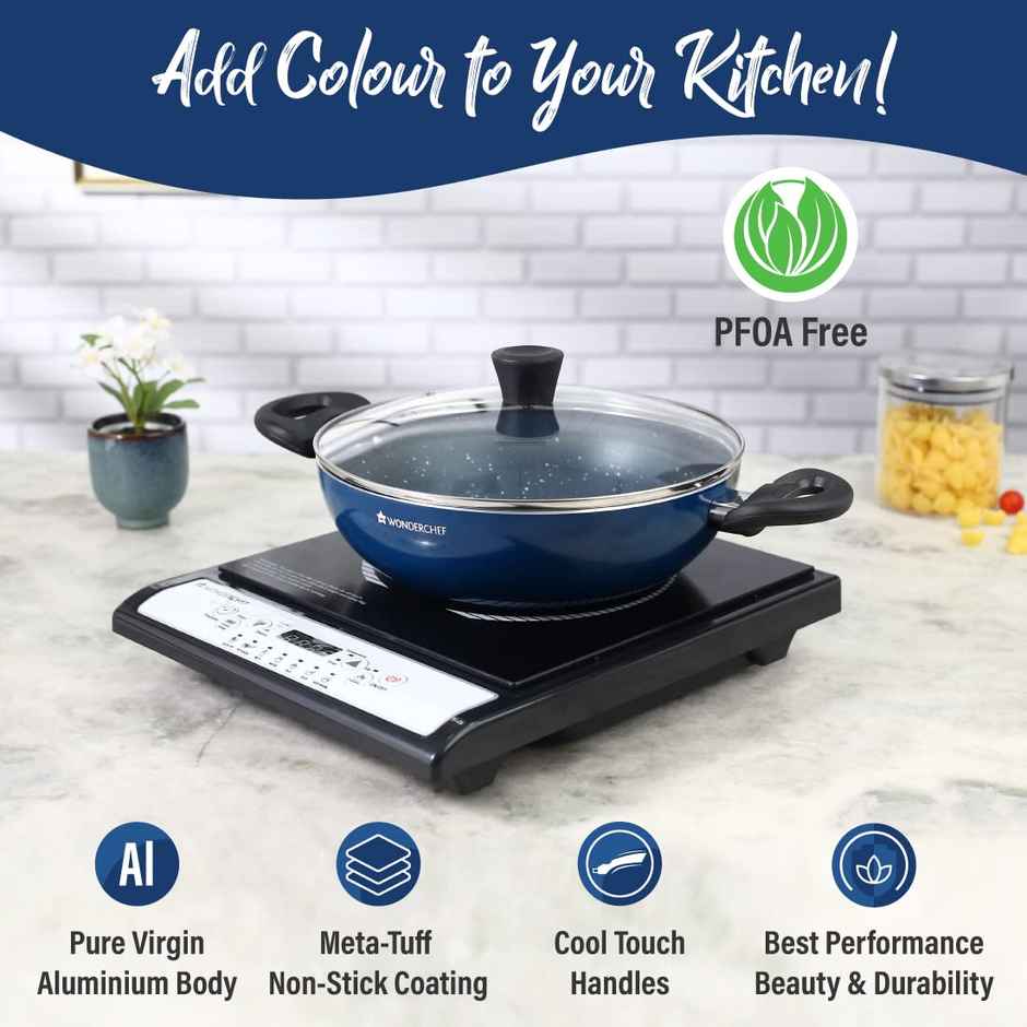 Wonderchef Galaxy Kadhai with Lid 24 cm | 2 Years Warranty | Midnight Blue - 2 L