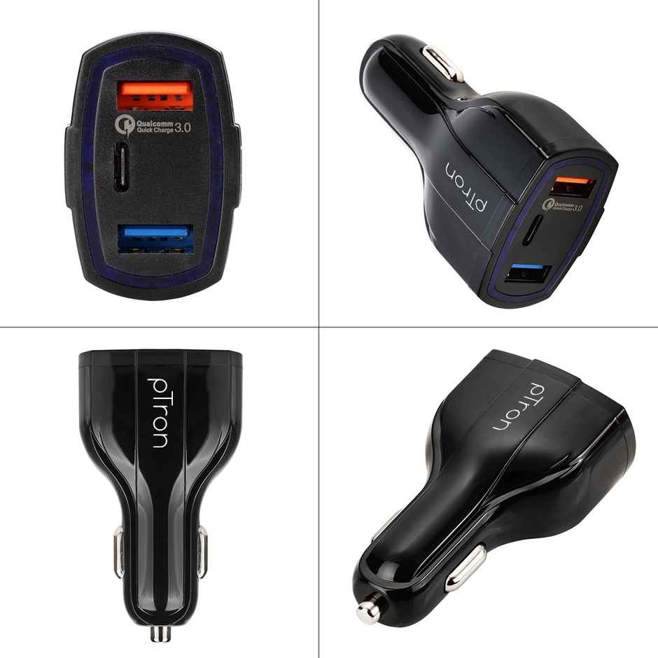 pTron Bullet Pro 36W Type-C/PD 3 Port Fast Car Charger Adapter, Compatible with All Smartphones, Tablets & Other USB Powered Devices - Black