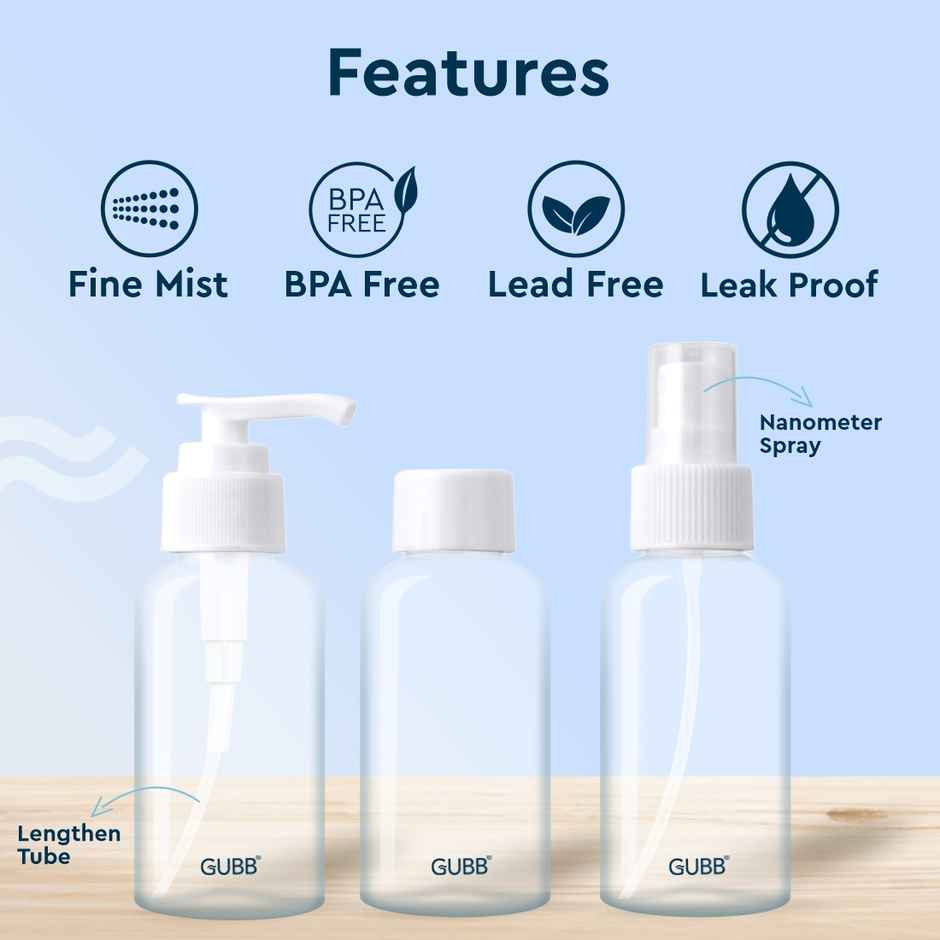 GUBB Travel Bottle Set For Toiletries Refillable Bottles With Pump Spray & Cap