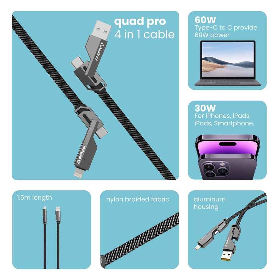 Stuffcool Quad Pro 4 in 1 Metal Flat Braided Indestructible Cable 1.5m 60W with lightning to type C, type C to C, Lighting to type A compatible for iPhones, iPads, Macbooks, Type C Laptops - Grey