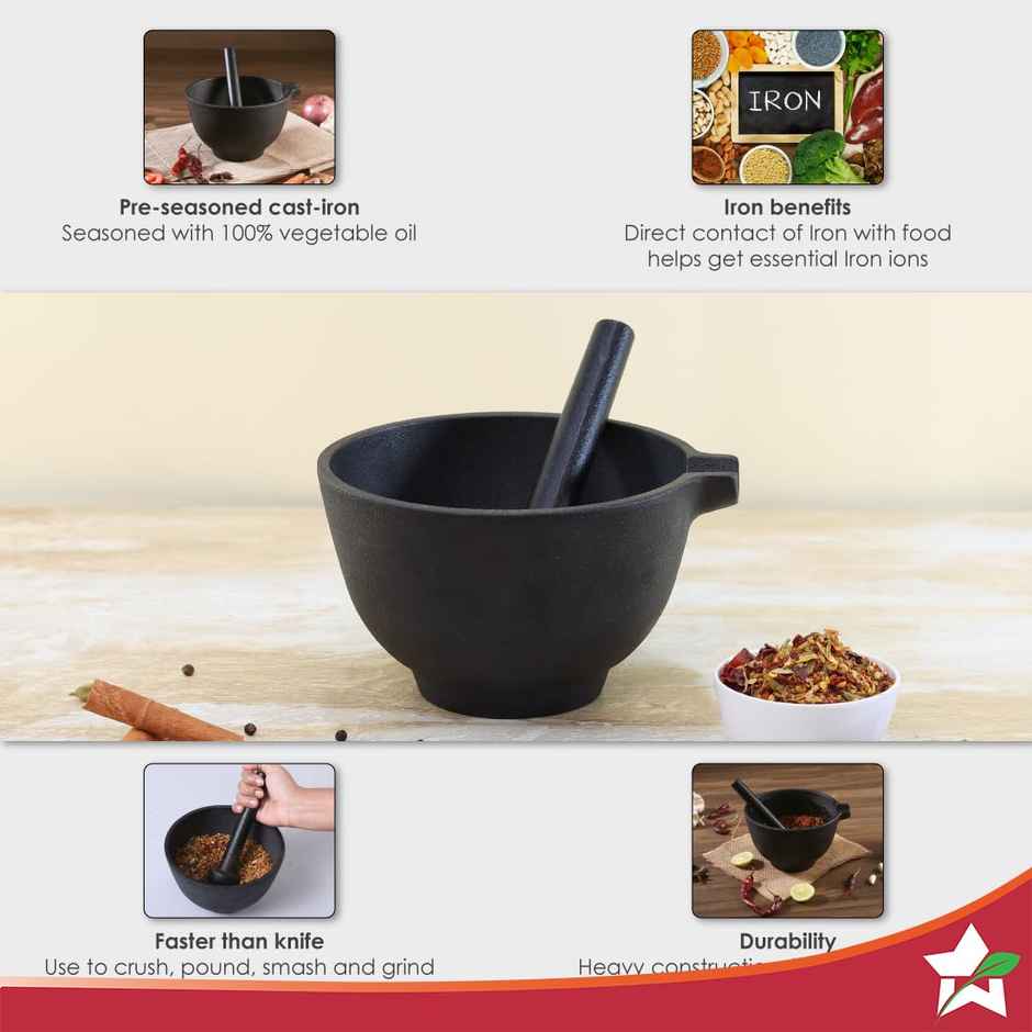 Wonderchef Forza Pre-Seasoned Cast-Iron Mortar & Pestle