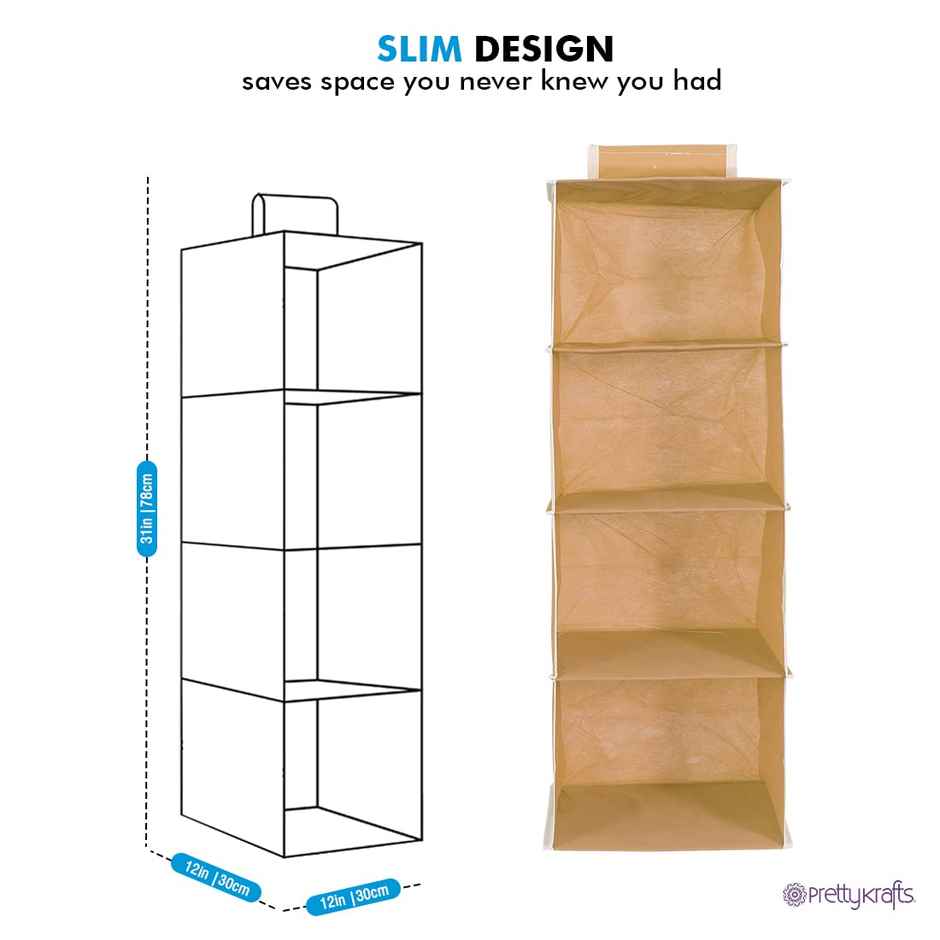 PrettyKrafts 4 Shelf Hanging Wardrobe Organizer - Beige Wall Hanging Cloth Storage Rack