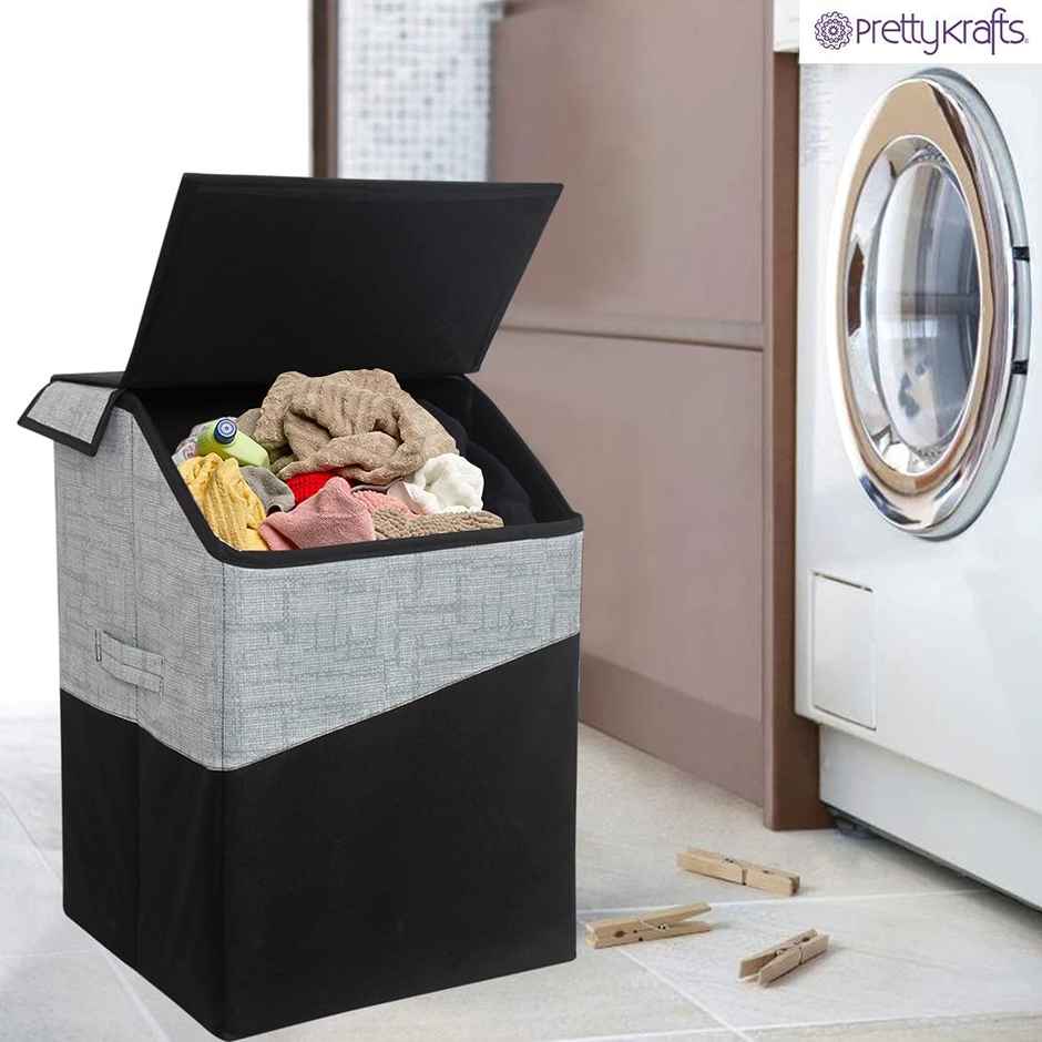 Prettykrafts 75L Laundry Square Basket Bag/Foldable/Multipurpose/Carry Handles/(Single) Jute Black
