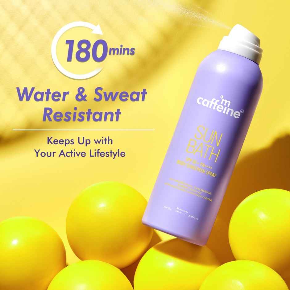 mCaffeine Sun Bath SPF 80+ Pa ++++ Body Sunscreen Spray | Blueberry | Sweat Resistant