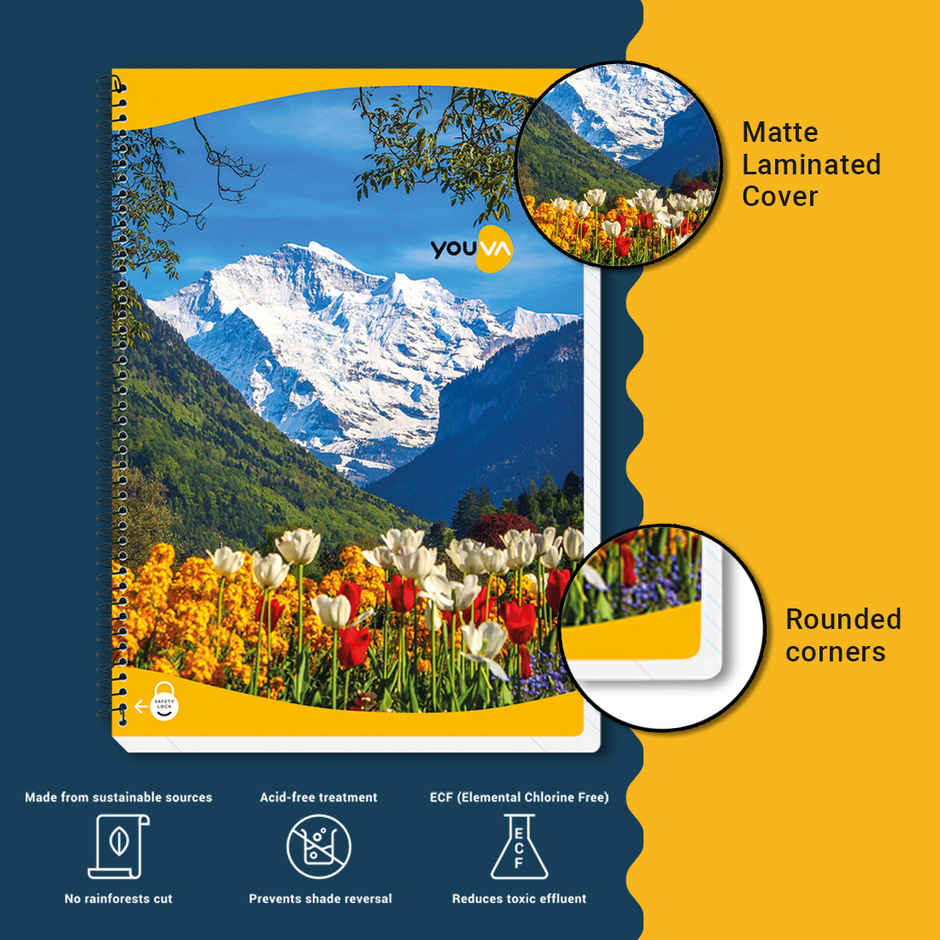 Navneet Youva Spiral A4 Single Line Notebook With Safety Lock | 400 Pages | 21 x 29.7 cm | Assorted