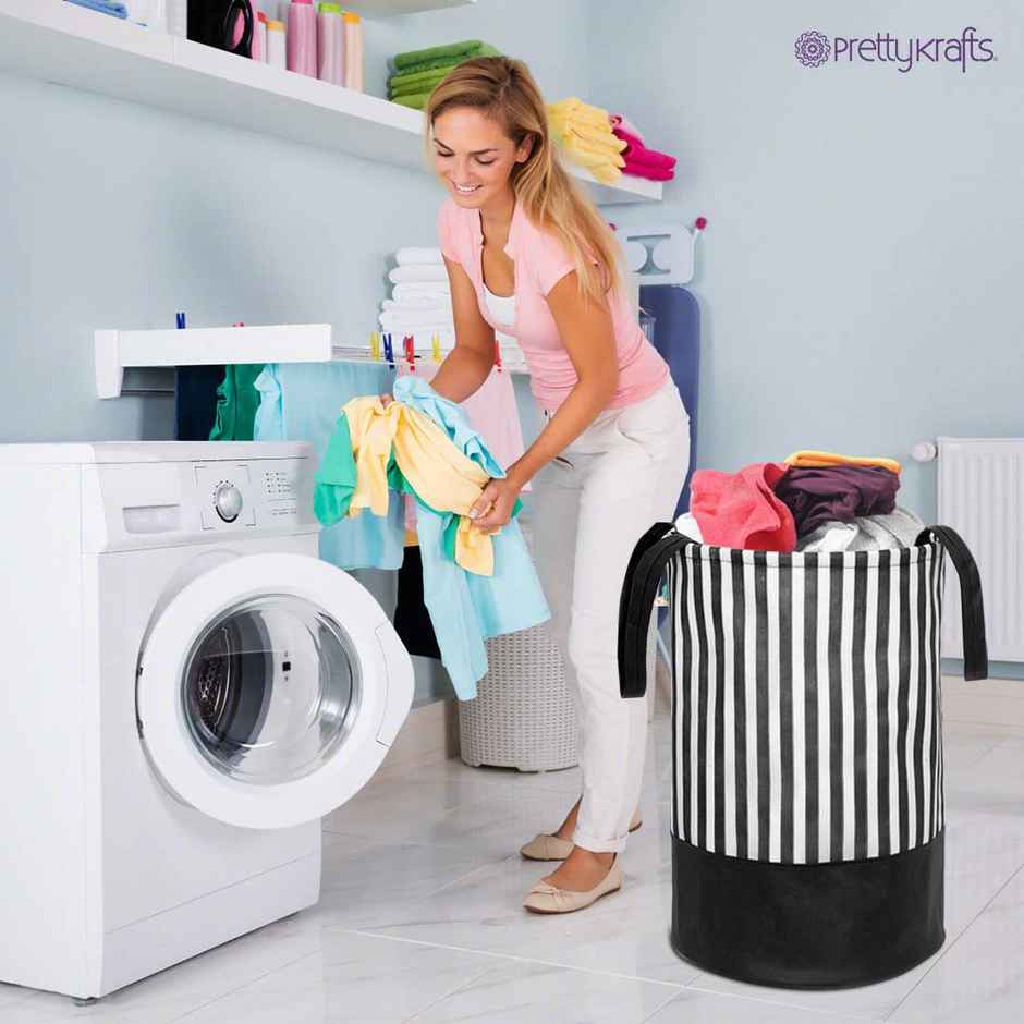 Prettykrafts 45 Ltr Folding Laundry Basket For Clothes, Freestanding Laundry Hamper,Set Of 1, Black