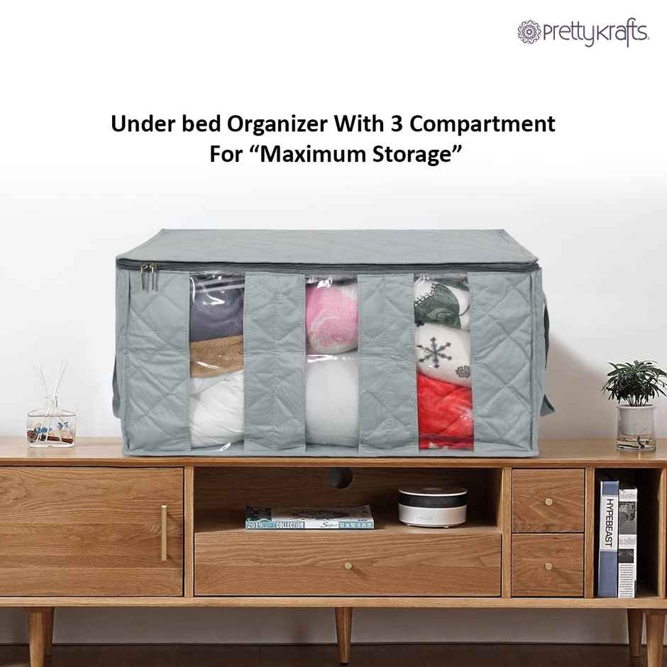 Prettykrafts Underbed Fabric Storage Box With 3 Partitions | Grey | Rectangular | Pack of 2