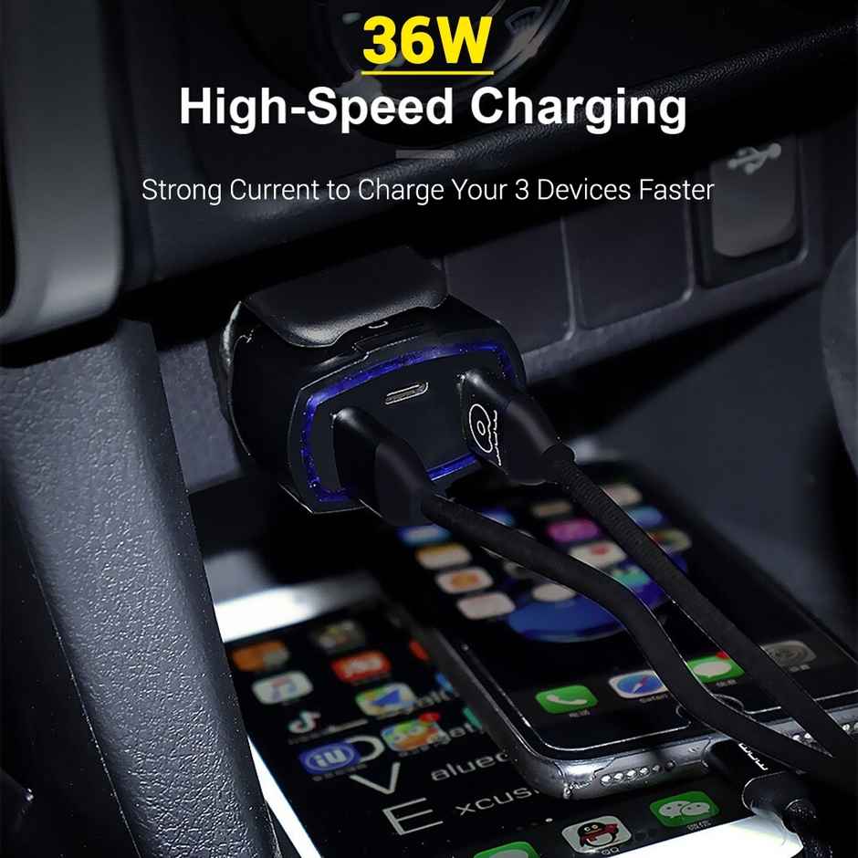 pTron Bullet Pro 36W Type-C/PD 3 Port Fast Car Charger Adapter, Compatible with All Smartphones, Tablets & Other USB Powered Devices - Black