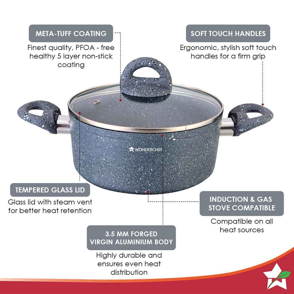 Wonderchef Granite Die-Cast Non-Stick Casserole Set, 6Pc (24Cm, 20Cm, 16Cm)