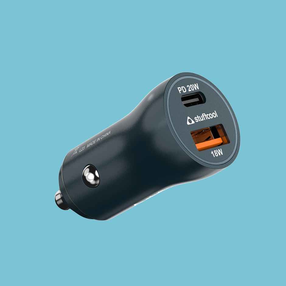 Stuffcool Ultimus 38W Dual Port Type C 20W + 18W QC3.0 USB A car Charger Supports Fast Charging Charges iPhone 50% in 30 mins, Compact Shape, Aluminium Body - Blue