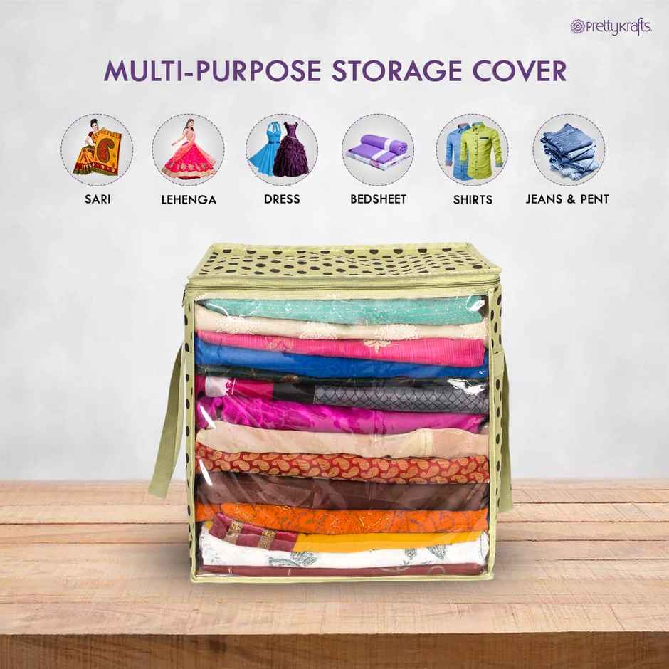 PrettyKrafts Saree Organizer Bag | Cover with Handles & Transparent Front Window | Ivory Dots - XL