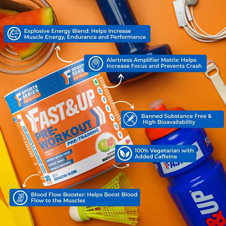 Fast&Up Pre-Workout Advanced 200 mg Caffeine, Arginine, Taurine, Watermelon Flavour, 30 servings