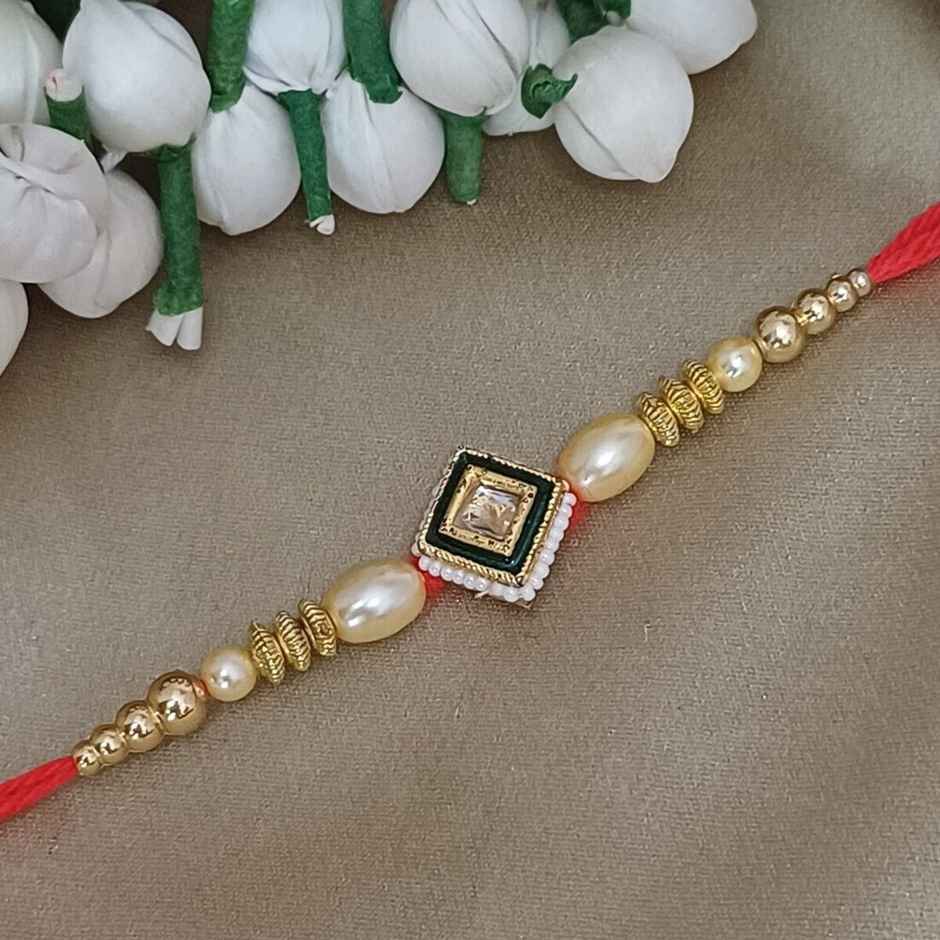 Gullak Rajasthani Square Pendant Kundan Motiwork Rakhi - Traditional and Ornate