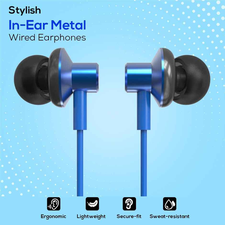 pTron Pride Lite 3.5mm Wired Earphones With Mic Stereo Audio 1.2m Tangle-Free Cable - Blue