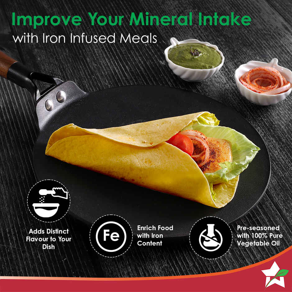 Wonderchef Ferro Cast Iron Roti Tawa with Wooden Handle | 26 cm
