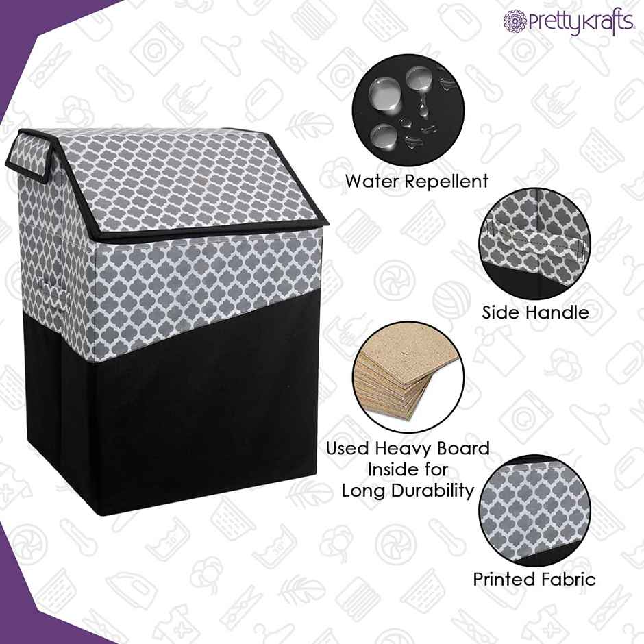 PrettyKrafts 75 L Laundry Basket with Lid | Foldable Cloth Storage & Organizer Box - Grey Black
