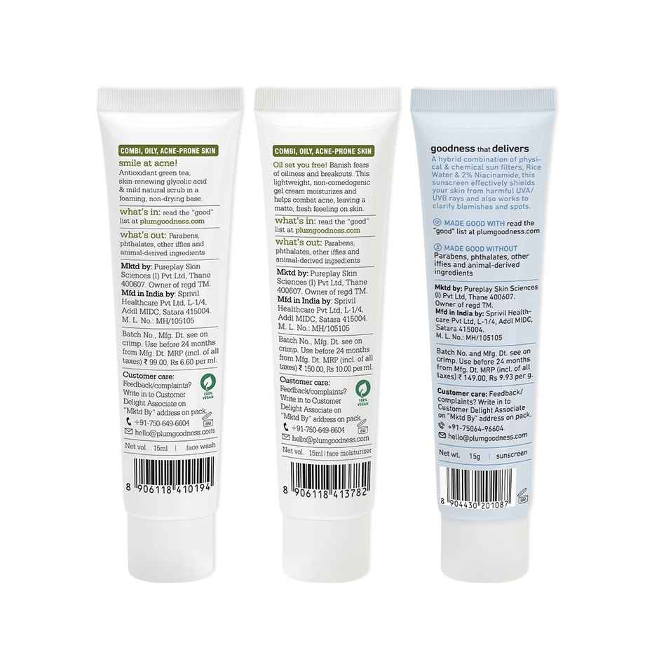 Plum Am & Pm Essentials Kit Pore Cleansing Facewash Oil-Free Moisturiser Hybrid Sunscreen