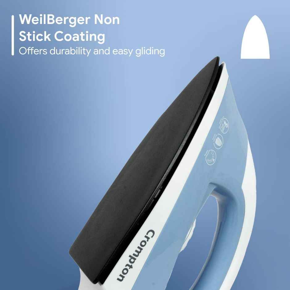 Crompton Brio 1000-Watts Dry Iron With Weilburger Coating, 6 Fabric Settings - Sky Blue And White