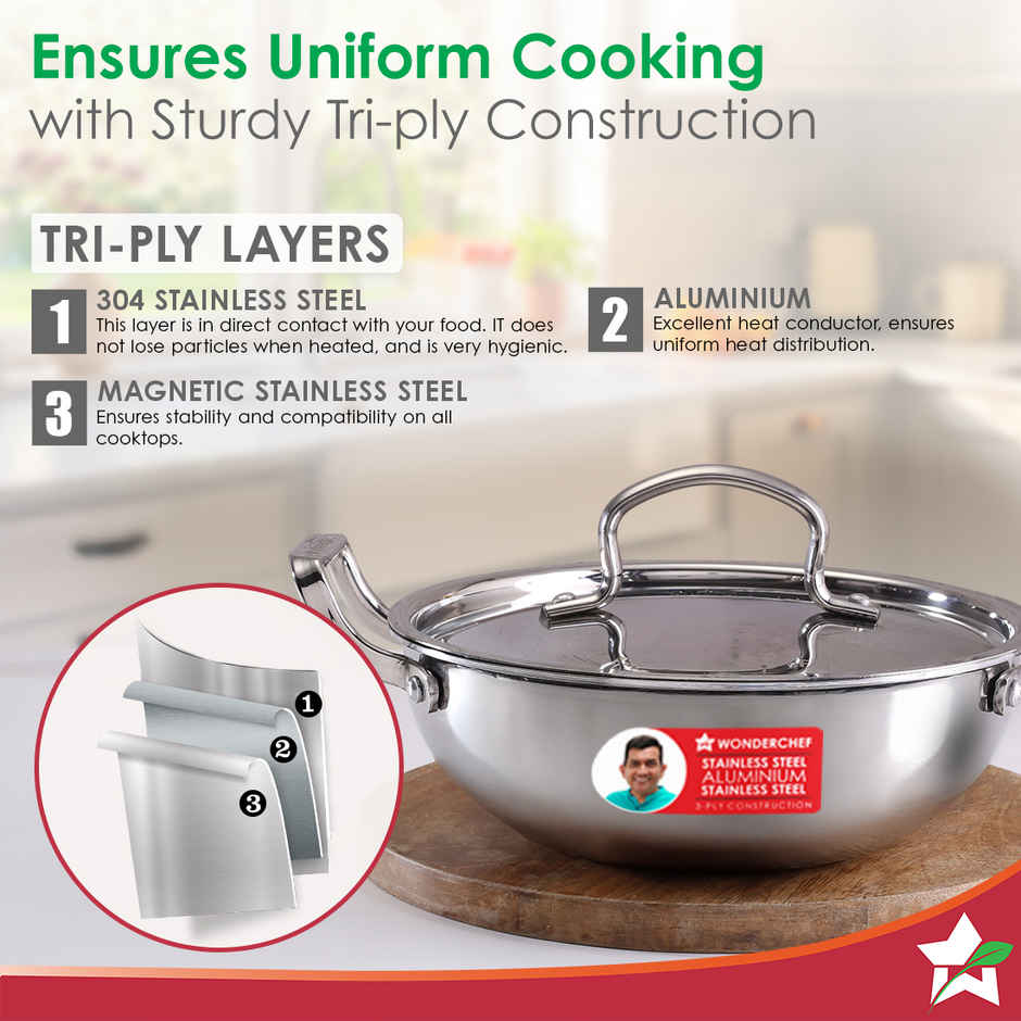 Wonderchef Stella Triply Stainless Steel Kadhai with Lid | 20 cm | 1.6 L
