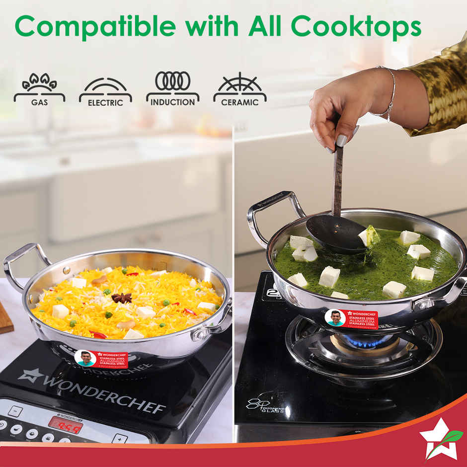 Wonderchef Stella Triply Stainless Steel Kadhai with Lid | 20 cm | 1.6 L