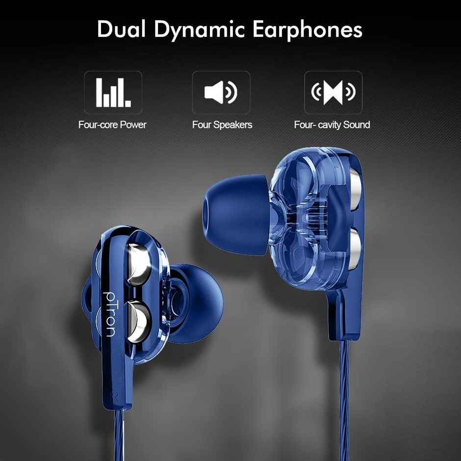 pTron Boom Ultima 4D Dual Driver, in Ear Gaming Wired Headphones with in-Line Mic, 3.5mm Audio Jack, Volume Control & Passive Noise Cancelling Boom 3 Earphones - Dark Blue