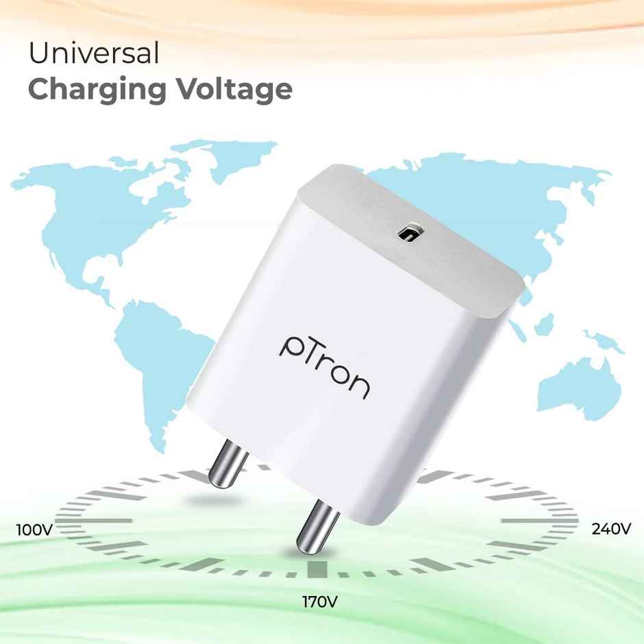 pTron Volta FC14 20W Type-C/PD Fast Charger, Compatible With iPhone & Android Smartphones - White
