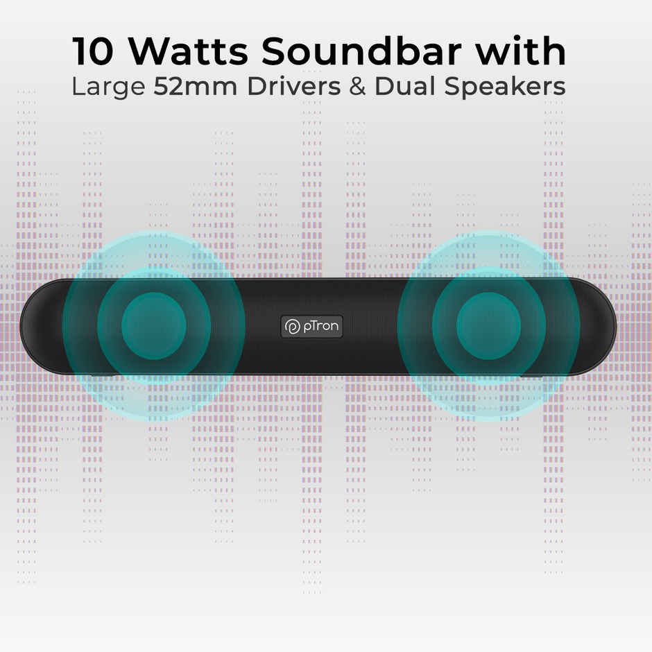 pTron Fusion Evo V2 10W Bluetooth Soundbar Speaker, Immersive Sound, 10Hrs Playtime, Mini Soundbar for Phone/TV/Laptop/Tablets/Projectors, Multi Play Modes BT v5.0/Aux/TF Card/USB Drive - Steel Grey