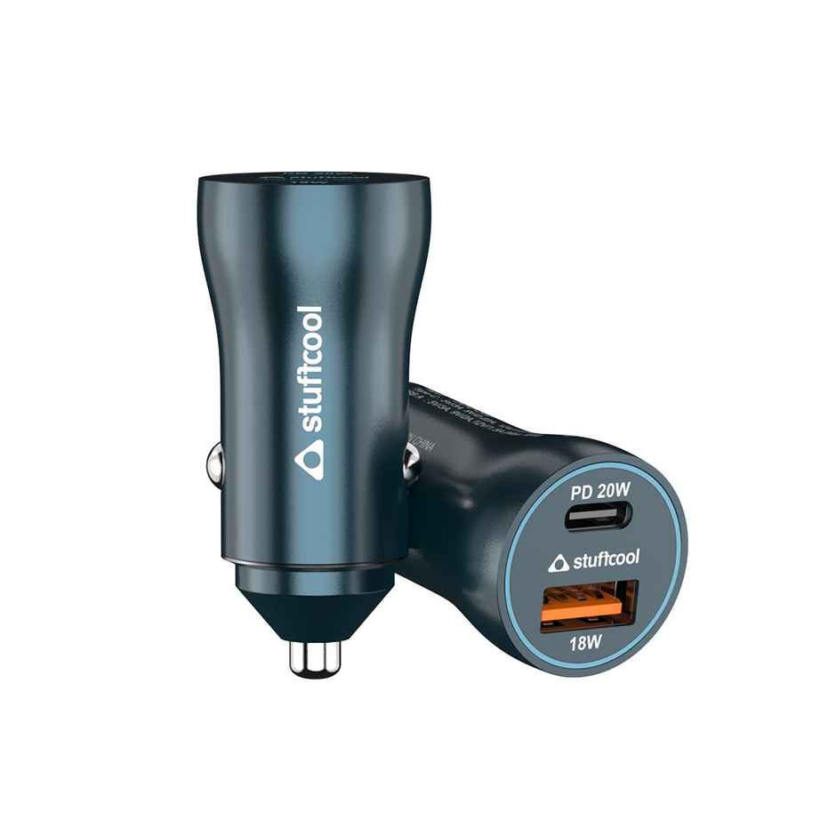 Stuffcool Ultimus 38W Dual Port Type C 20W + 18W QC3.0 USB A car Charger Supports Fast Charging Charges iPhone 50% in 30 mins, Compact Shape, Aluminium Body - Blue