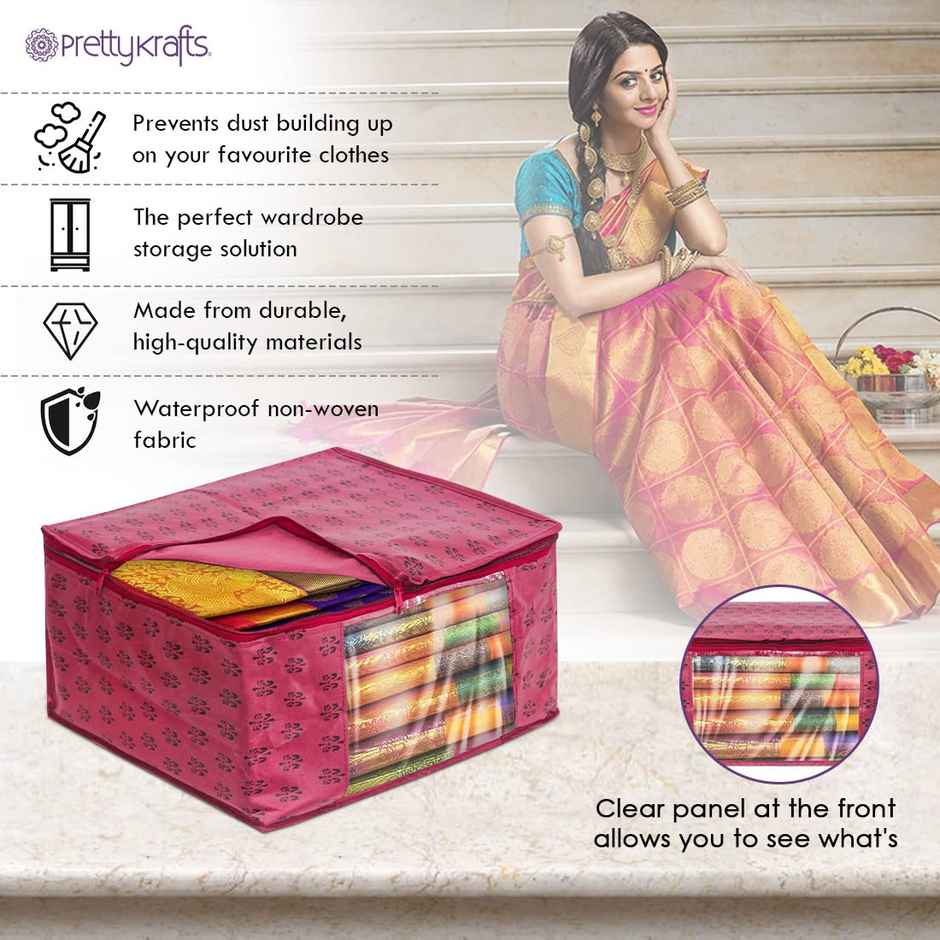 PrettyKrafts Saree Cover | Wardrobe Cloth Organizer with Zip & Transparent Front | Maroon - Big
