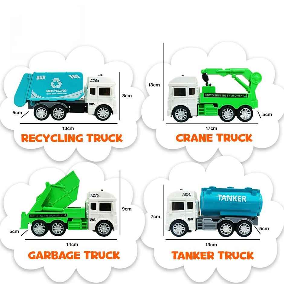 Toybharat 4-Pack Garbage Truck Set | Friction-Power Recycling | Crane | Tanker Toys | Assorted