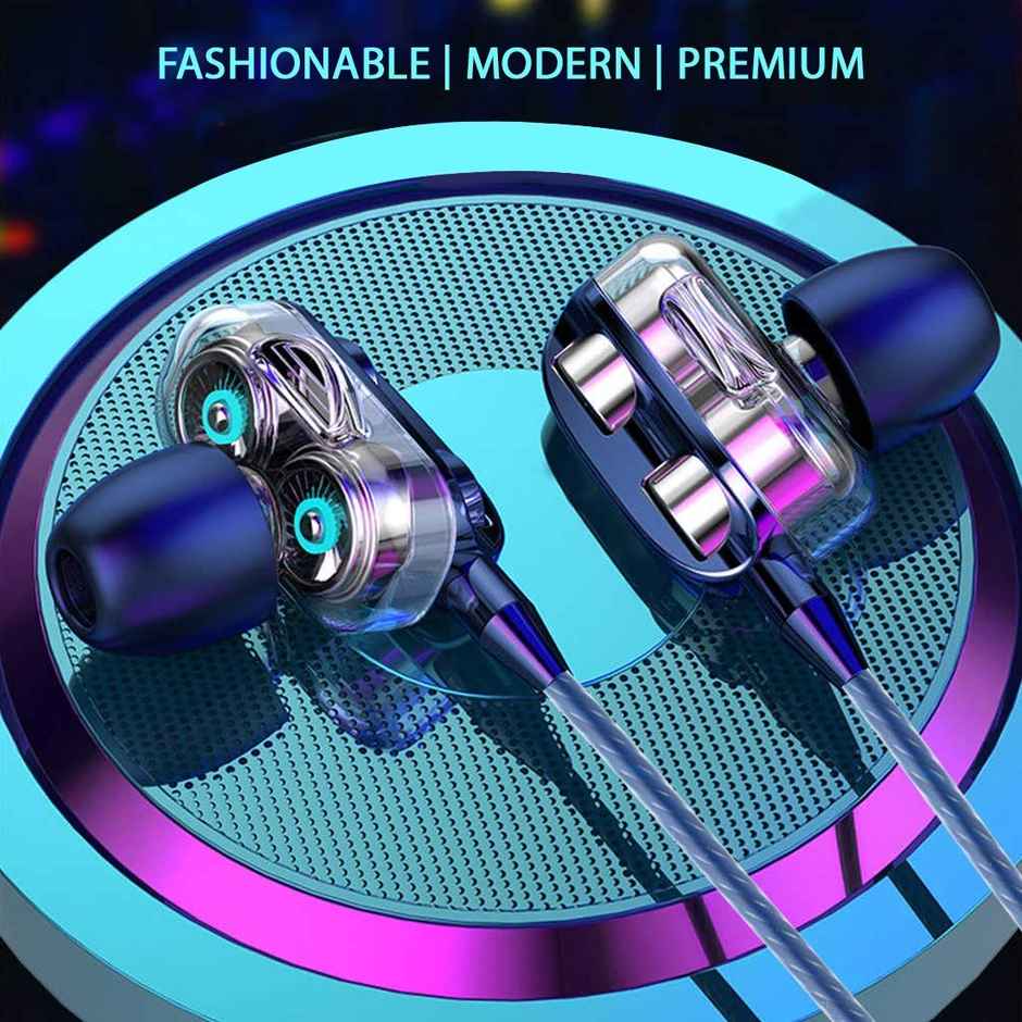 pTron Boom Ultima 4D Dual Driver, in Ear Gaming Wired Headphones with in-Line Mic, 3.5mm Audio Jack, Volume Control & Passive Noise Cancelling Boom 3 Earphones - Dark Blue