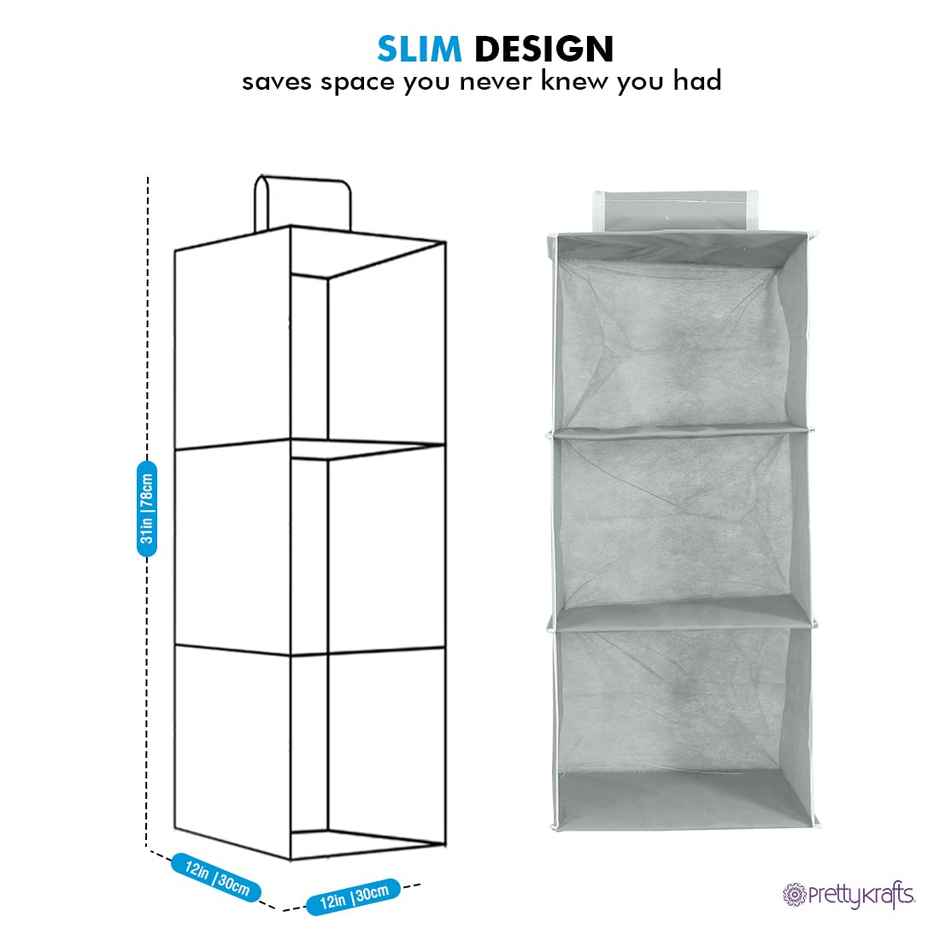 Prettykrafts 3 Tiers Clothes Hanging Organizer With Clear Windows And 1 Velcro Loop Grey