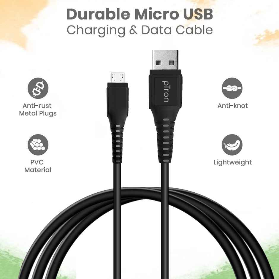 pTron USB-A to Micro USB 2.4A Fast Charging Cable Compatible with Android Phones/Tablets, 480mbps Data Transfer Speed, Made in India, Solero M241 Tangle-Free USB Cable(Round, 1M) - Black