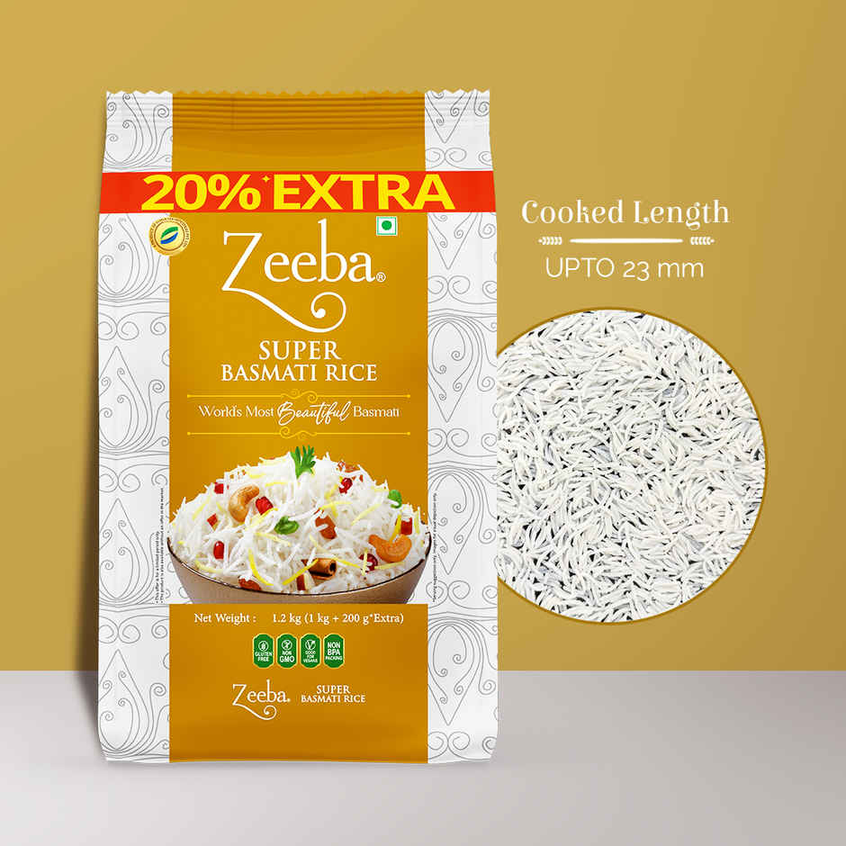 Zeeba Super Basmati Rice|Fluffy & Naturally Aromatic|Gluten Free Fine Grains|Cooked length upto 23mm